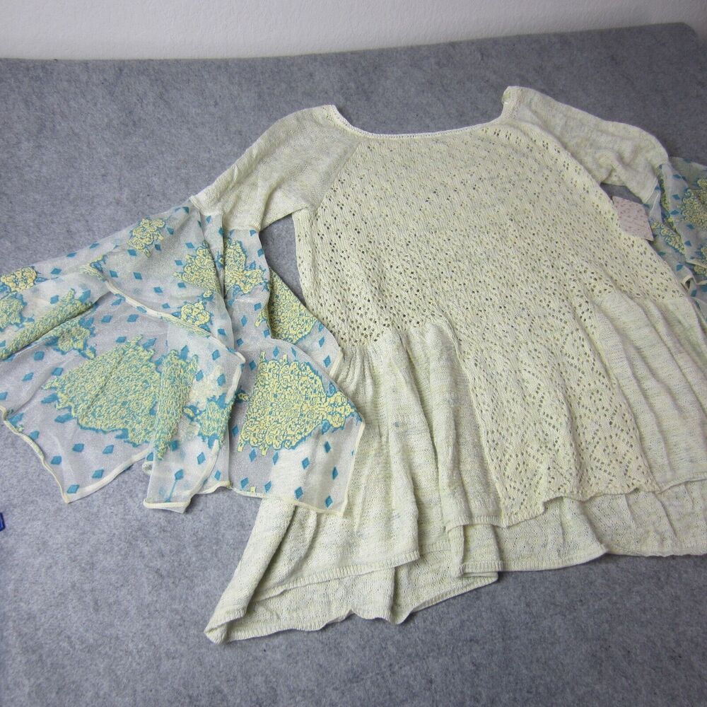 Free People Bell Sleeve Top Pointelle Bohemian Crochet Knit Tunic Blouse Small S